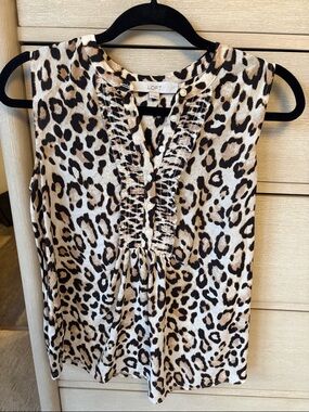 LOFT Beige and Black Leopard Print Ruffle Front Sleeveless Top